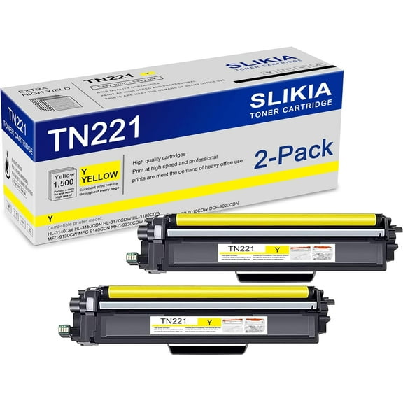 2-Pack Yellow TN221 Toner Cartridge: Compatible TN221 TN-221 Replacement for Brother HL-3140CW 3150CDN 3170CDW 3180CDW MFC-9130CW 9140CDN 9330CDW 9340CDW DCP-9015CDW 9020CDN Printer