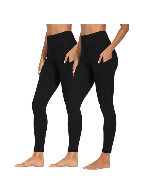 2 Pack Yoga Leggings for Women with Pocket High Waisted Buttery Soft Workout Athletic Stretch Pants (L, Black-2PC)
