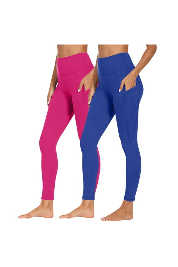 2 Pack Yoga Leggings for Women with Pocket High Waisted Buttery Soft Workout Athletic Stretch Pants (S, Hot Pink/Blue)