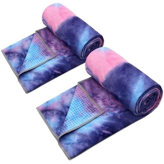 2 Pack Yoga Towel,Hot Yoga Mat Towel with Grip Dots Sweat Absorbent Non-Slip for Hot Yoga, Pilates and Workout 24" x72,Purple & Blue (2 Pack)