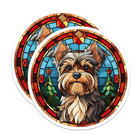 (2 Pack) Yorkshire Terrier Stickers - Faux Stained Glass Dog Art - Festive Holiday Pet Decals - 5" On Longest Side - Sticks to Smooth Flat Surfaces - Made in USA - BMCS26036
