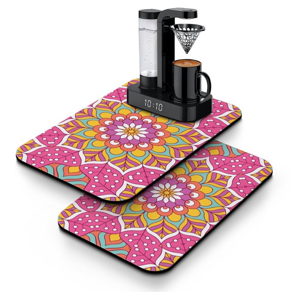 2 Pack Zen Meditation Coffee Mat Set - Mystic Ethnic Design, Durable & Absorbent Countertop Protector