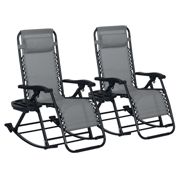 2 Pack Zero Gravity Rocking Chairs for Patio, Foldable Outdoor Lounge Recliners with Cup Holder and Phone Slot, Gray Steel Frame