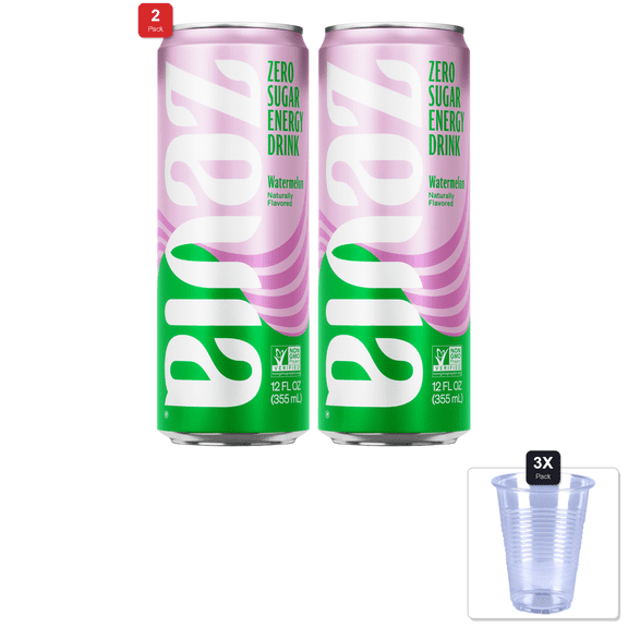2 Pack | Zevia Zero Sugar Energy Drink, Watermelon, 12 Ounce Can & 3x 9oz Disposable Plastic Cups