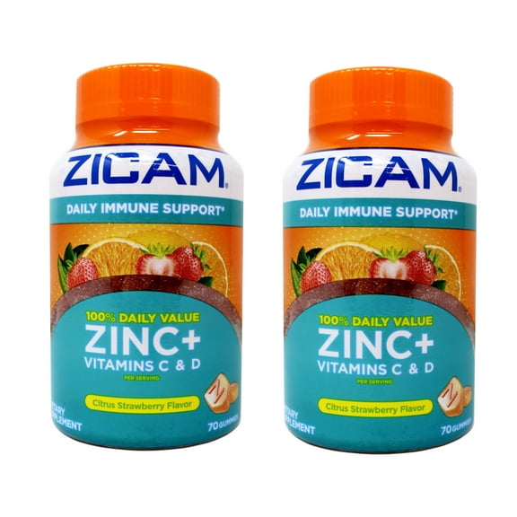 2 Pack - Zicam Daily Immune Support, Gummy Supplement, Zinc, Vitamin C & Vitamin D, Citrus Strawberry Flavor, 70 Count