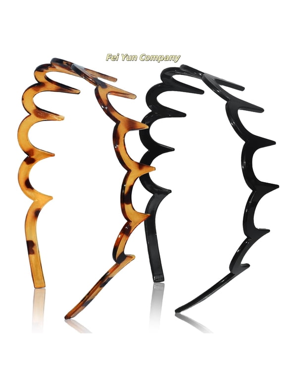 2-Pack Zigzag Headbands for Women, U-Shaped Hair Comb Headbands, Non-Slip Slick-Back Hair Accessories, Black & Tortoise Recycled Plastic, Teeth Hairband for Everyday Styling & Workout