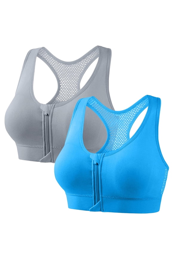 2-Pack Zip Front Sports Bra for Women Push Up Comfortable Wireless Breathable Fishnet Racerback Yoga Bras