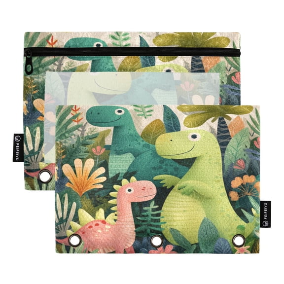 2-Pack Zippered Pencil Pouch Case With Zipper Pulls Fits Standard 3-Ring Binder Crtoon Pattern Of Dinosaurs