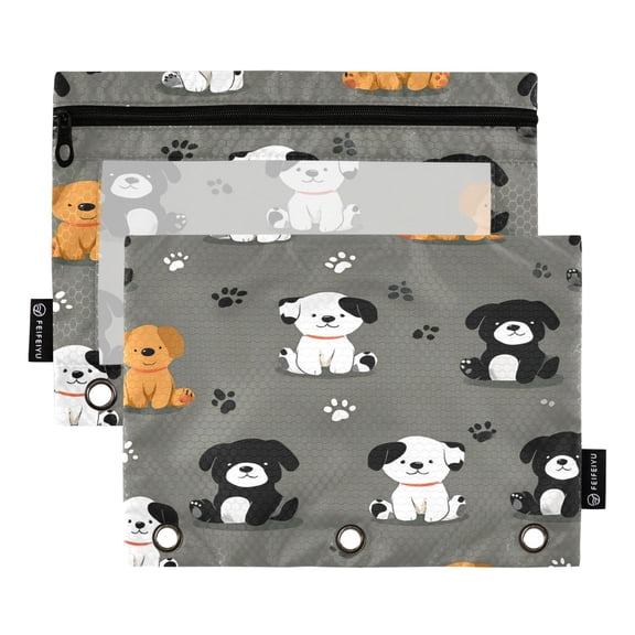 2-Pack Zippered Pencil Pouch Case With Zipper Pulls Fits Standard 3-Ring Binder Cutie Dog