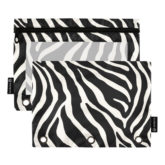 2-Pack Zippered Pencil Pouch Case With Zipper Pulls Fits Standard 3-Ring Binder Zebra Stripes