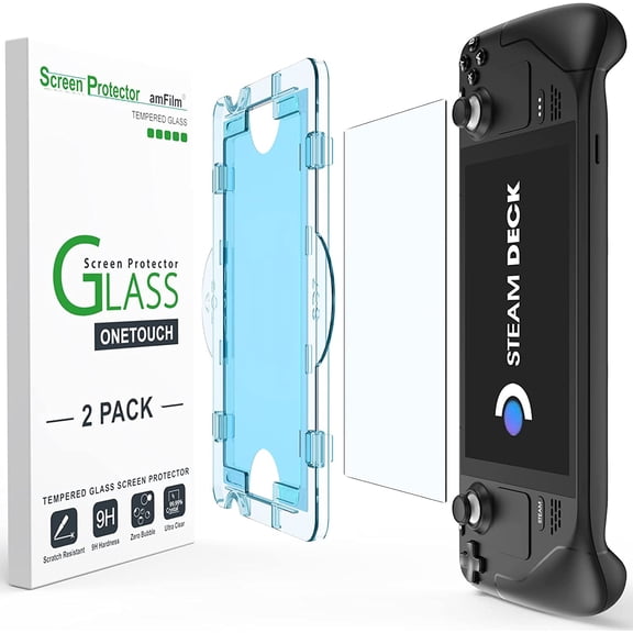 [2 Pack] amFilm OneTouch Compatible with Steam Deck Screen Protector, Tempered Glass Designed for Steam Deck (7inch) 2021 & 2022 64 GB/ 256 GB NVMe/ 512 GB NVMe Model with Easy Installation Kit