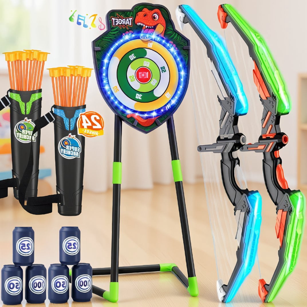 Target Archery 2 Pack and Set with LED Dinosaur Target, 24 Suction Cup Arrows, Quivers ...