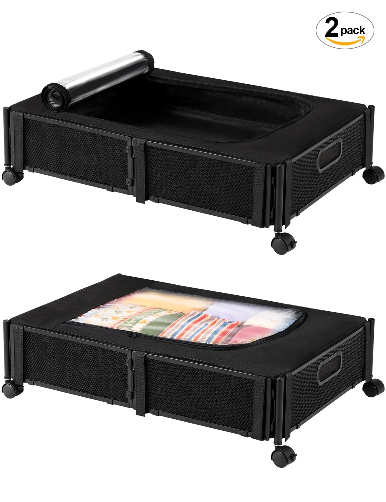 2 Pack Under bed Storage with Wheels, Storage Containers with Dust Cover, Large Metal Foldable Space-saving Under Bed Drawer Shoe Storage Organizer for Clothes, Bedding, Blankets, Toys-Black