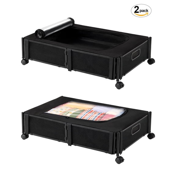 2 Pack Under bed Storage with Wheels, Storage Containers with Dust Cover, Large Metal Foldable Space-saving Under Bed Drawer Shoe Storage Organizer for Clothes, Bedding, Blankets, Toys-Black