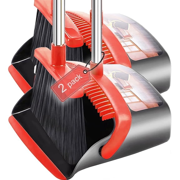2-Pack is More economical,Brooms with Dustpan Combo Set 52" Long Handle, Teeth self-Cleaning Function, Indoor and Outdoor Sweeping, Perfect for Home Office (Large/Red /2-Pack)