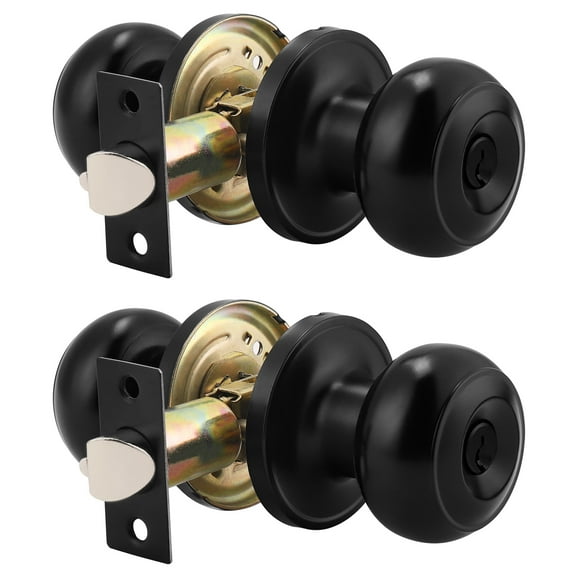 (2 Pack) knobelite Black Round Entry Door Knobs Keyed Alike, Exterior/Interior Door Handles Bedroom Bathroom/Front/Offic Doors, Door Lock with Locks and 3 Combo Keys Lock Security