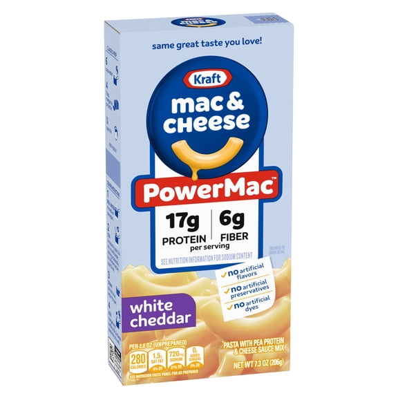 2 Pack kraft PowerMac Mac and Cheese, 1 Box, for Protein Easy Dinners or Dinner Sides, White Cheddar Flavor, 17g Protein and 6g Fiber per Serving, No Artificial Flavors, Preservatives or Dyes, 7.3 oz