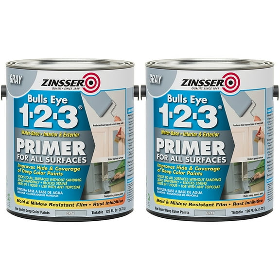 2 Pack of 1 gal Zinsser 285085 Gray Bulls Eye 1-2-3 Water-Based Stain Blocking Primer/Sealer
