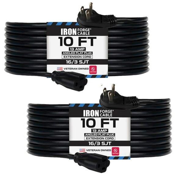 Iron Forge Cable 2 Pack 10 ft Angled Flat Plug Black Extension Cord - 16/3 SJT 3 Prong Indoor Extension Cord 13 Amp, 45¡ Angle Flat Plug