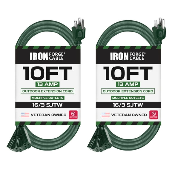 Iron Forge Cable 2 Pack 10ft Green Outdoor Extension Cord with 3 Outlets - 16/3 SJTW 10ft Extension Cord, 13 Amp All-Weather Heavy Duty Power Cable