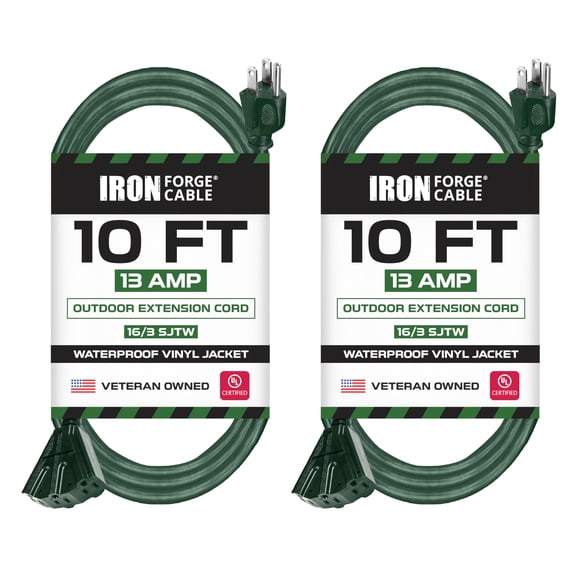 Iron Forge Cable 2 Pack 10ft Green Outdoor Extension Cord with 3 Outlets - 16/3 SJTW 10ft Extension Cord, 13 Amp All-Weather Heavy Duty Power Cable