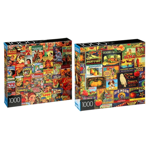 Spin Master Games, 1000-Piece Jigsaw Puzzles 2-Pack, Retro Comics & Fruit Labels, Puzzles for Kids Ages 8 & Up
