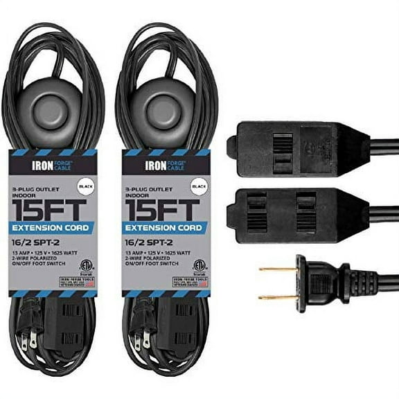 Iron Forge Cable 2 Pack 15 ft 3 Outlet Black Extension Cord with Foot Switch - 16/2 SJTW 2 Prong Indoor Extension Cord with Multiple Outlets