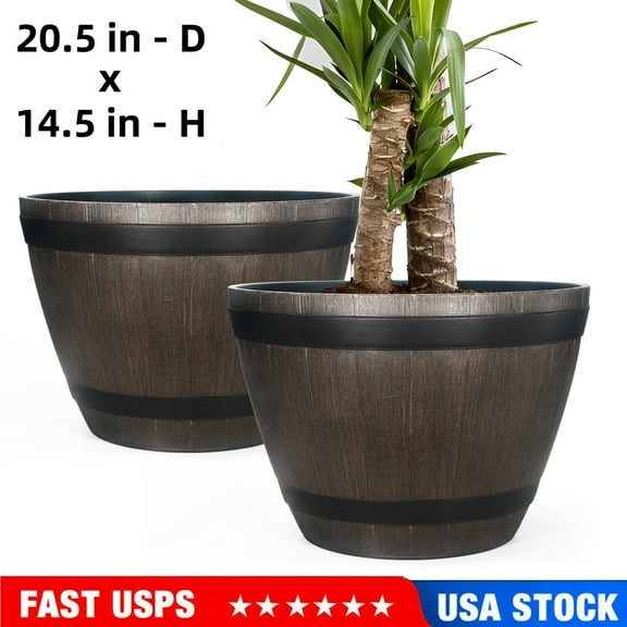2 Pack of 20.5" Classic Whiskey Barrel Planters, Plastic Resin Flower Pots for Home & Garden, Brown.