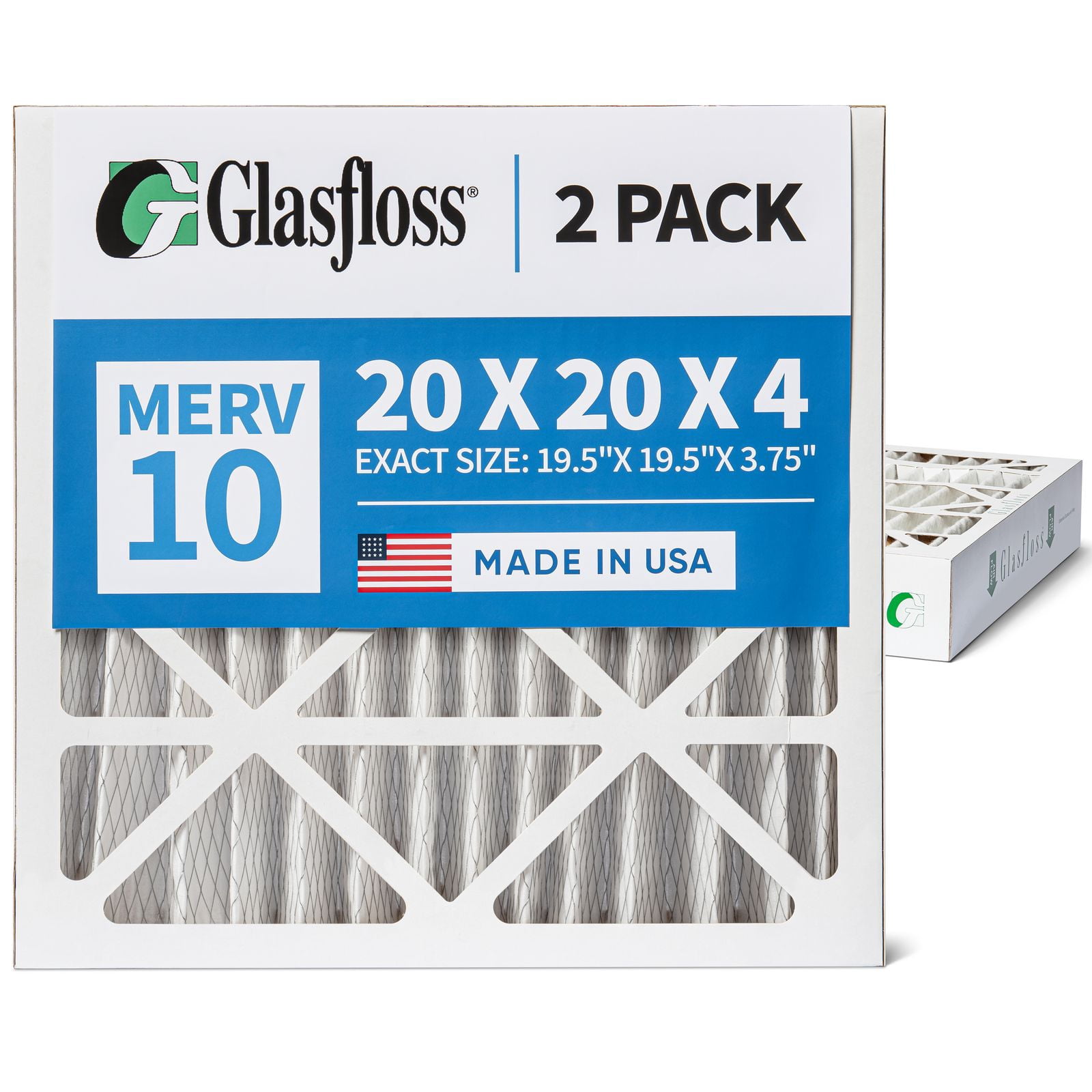 2 Pack of 20x20x4 MERV 10 Pleated 4" Inch Air Filters by Glasfloss. Actual Size: 19-1/2 x 19-1/2 x 3-3/4