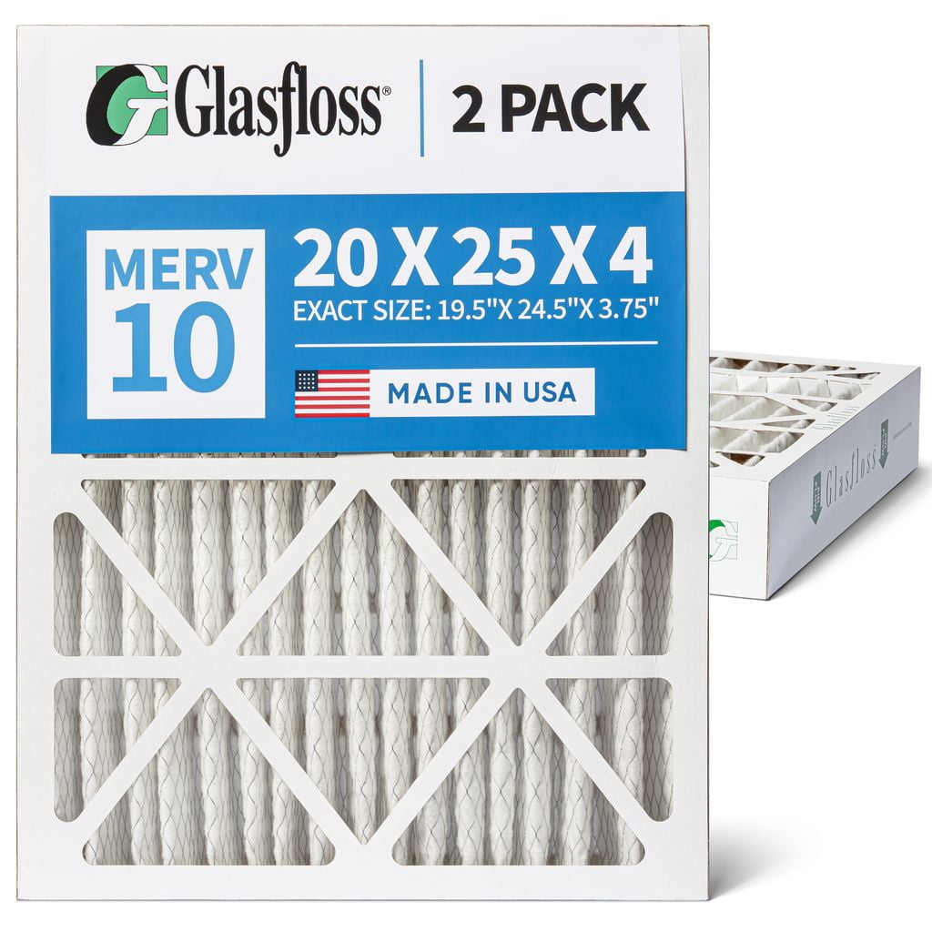 2 Pack of 20x25x4 MERV 10 Pleated 4" Inch Air Filters by Glasfloss. Actual Size: 19-1/2 x 24-1/2 x 3-3/4
