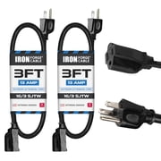 Iron Forge Cable 2 Pack 3 Ft Black Extension Cord, 16/3, 3 Foot Extension Cord, 3 Prong, Weatherproof - Great for Outside Use