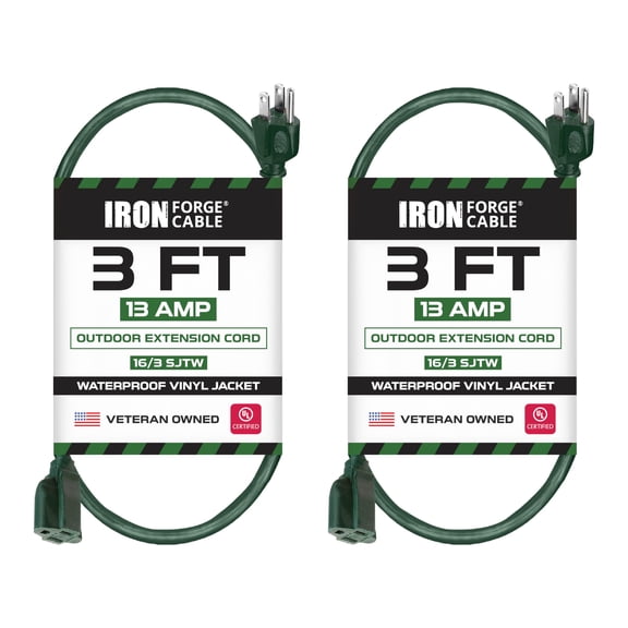 Iron Forge Cable 2 Pack Weatherproof 3 Ft Outdoor Extension Cord - 16/3 SJTW Heavy Duty Green Extension Cord 3 Prong - 13 Amp Exterior Power Cable