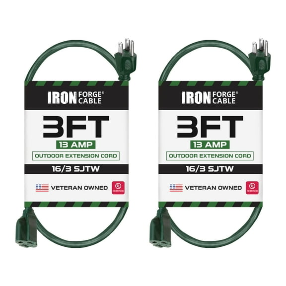 Iron Forge Cable 2 Pack Weatherproof 3 Ft Outdoor Extension Cord - 16/3 SJTW Heavy Duty Green Extension Cord 3 Prong - 13 Amp Exterior Power Cable