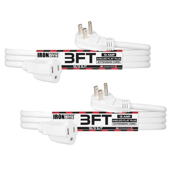 Iron Forge Cable 2 Pack 3 ft Angled Flat Plug White Extension Cord - 16/3 SJT 3 Prong Indoor Extension Cord 13 Amp, 45¡ Angle Flat Plug