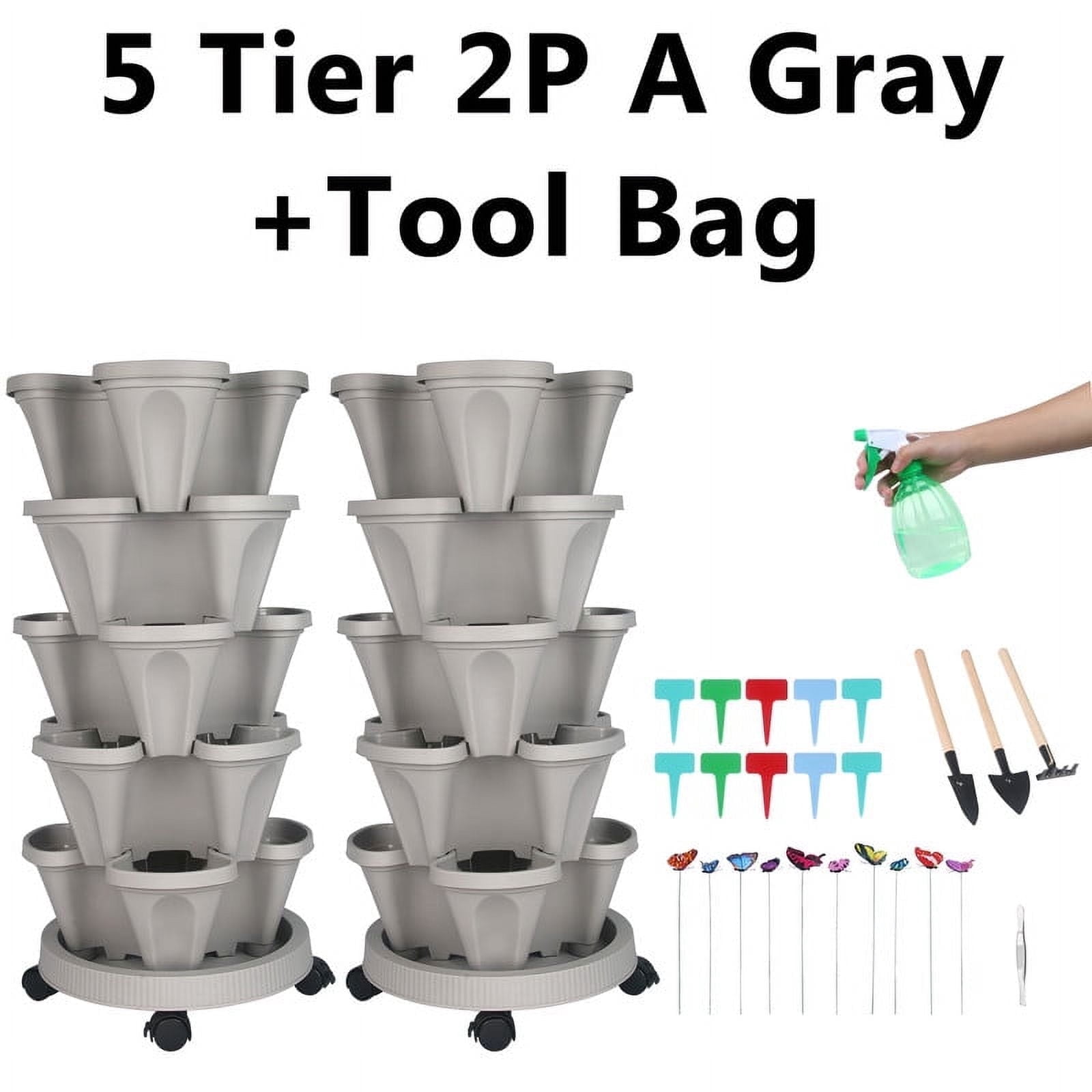 2 Pack of 5 Tier Stackable Planter Vertical Garden With Accessories for Vegetables, Flowers, Herbs, Succulents - Gray