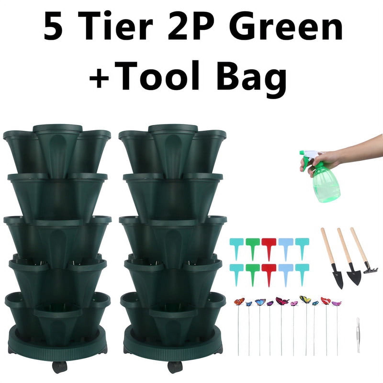 2 Pack of 5 Tier Stackable Planter Vertical Garden With Various Accessories for Vegetables, Flowers, Herbs, Succulents, Microgreen Gardening - Green