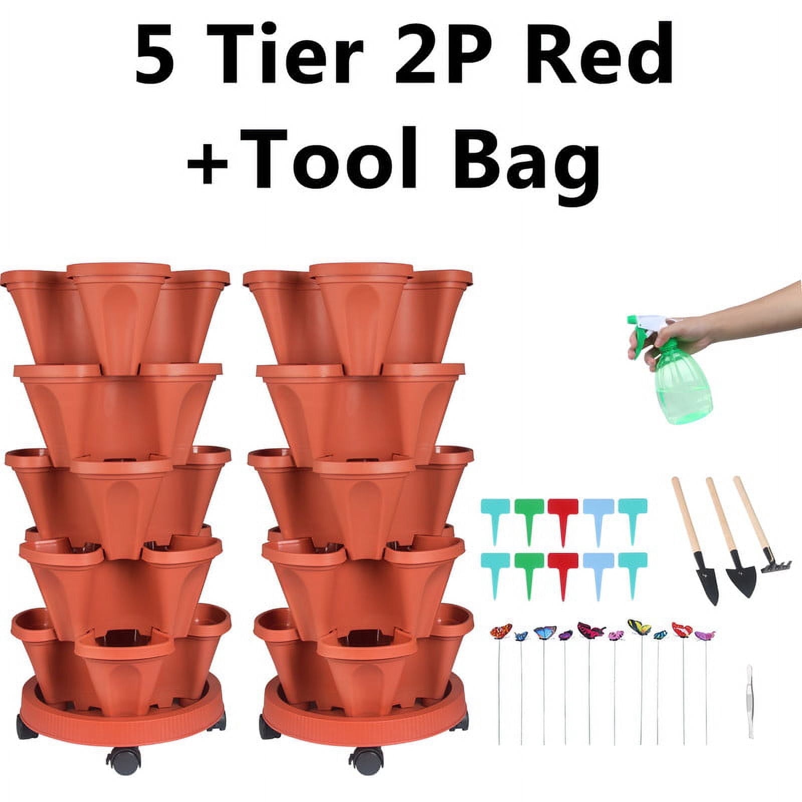 2 Pack of 5 Tier Stackable Planter Vertical Garden With Various Accessories for Vegetables, Flowers, Herbs, Succulents, Microgreen Gardening - Red