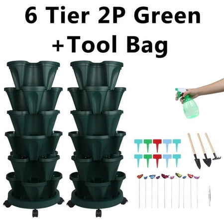 2 Pack of 6 Tier Stackable Planter Vertical Garden With Various Accessories for Vegetables, Flowers, Herbs, Succulents, Microgreen Gardening - Green