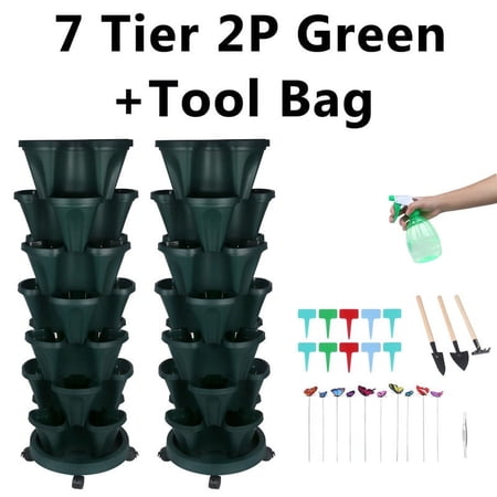 2 Pack of 7 Tier Stackable Planter Vertical Garden With Various Accessories for Vegetables, Flowers, Herbs, Succulents, Microgreen Gardening - Green