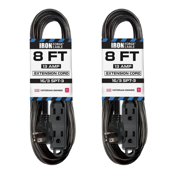 Iron Forge Cable 2 Pack 8 ft Flat Plug Black Extension Cord with 3 Outlets - 16/3 SJTW 3 Prong Indoor Extension Cord with Multiple Outlets