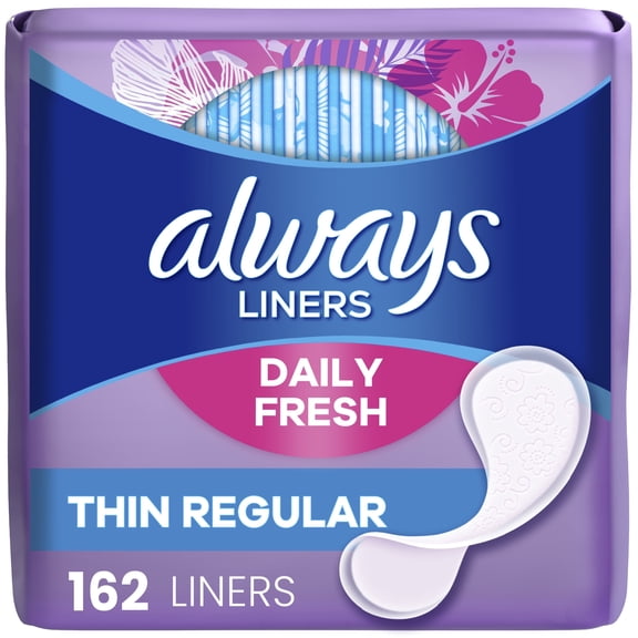 Always Daily Fresh Thin Panty Liners, Regular Absorbency, Unscented, (2 Pack of 162 Count)