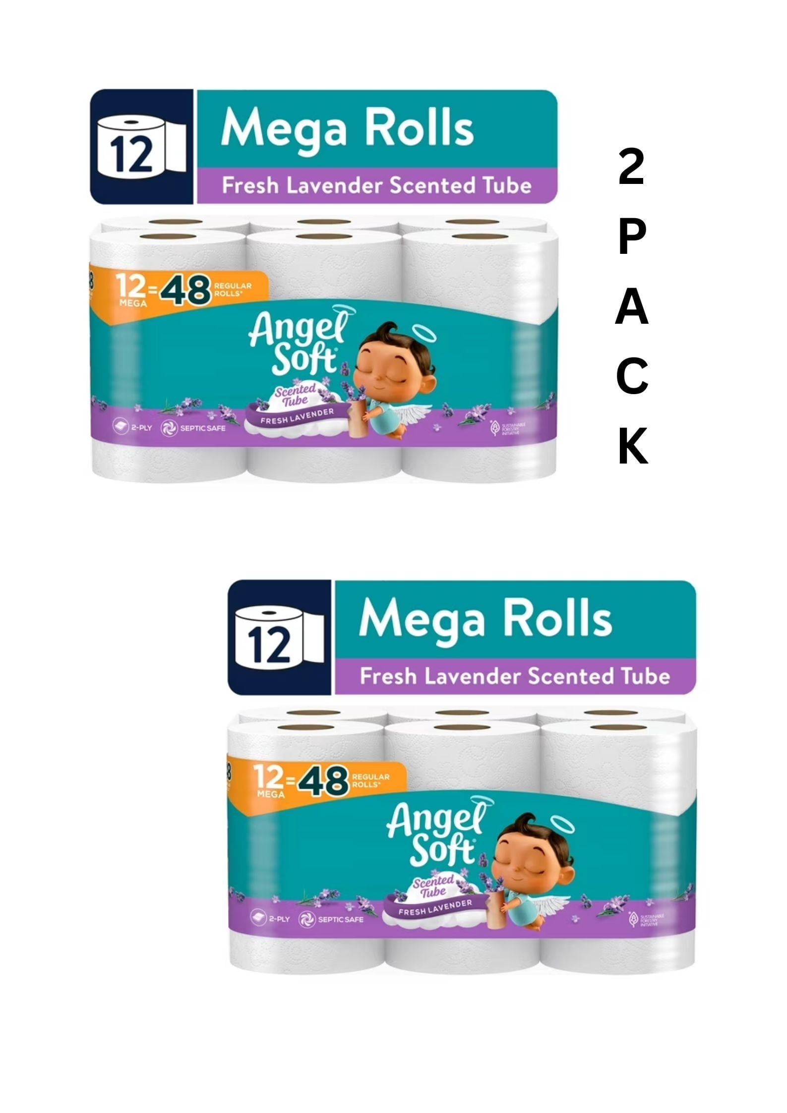 2 Pack of Angel Soft 2-Ply Toilet Paper, Fresh Lavender Scented Tube, 12 Mega Rolls