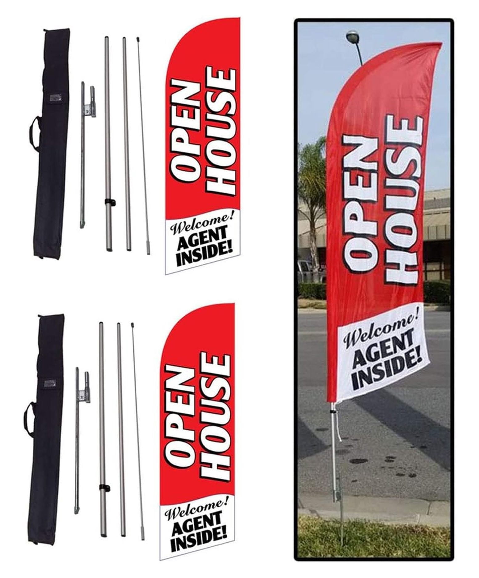 2-Pack of Red 8ft Open House Banner Flag Kits, Includes Flag Poles, Ground Stakes, and Travel Bags, Outdoor Yard Lawn Signs for Real Estate Agents
