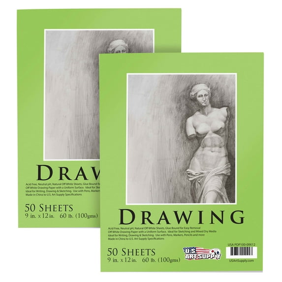 U.S. Art Supply 2 Pack of 9" x 12" Premium Drawing Paper Pad, 60 Pound (100gsm) 50-Sheets