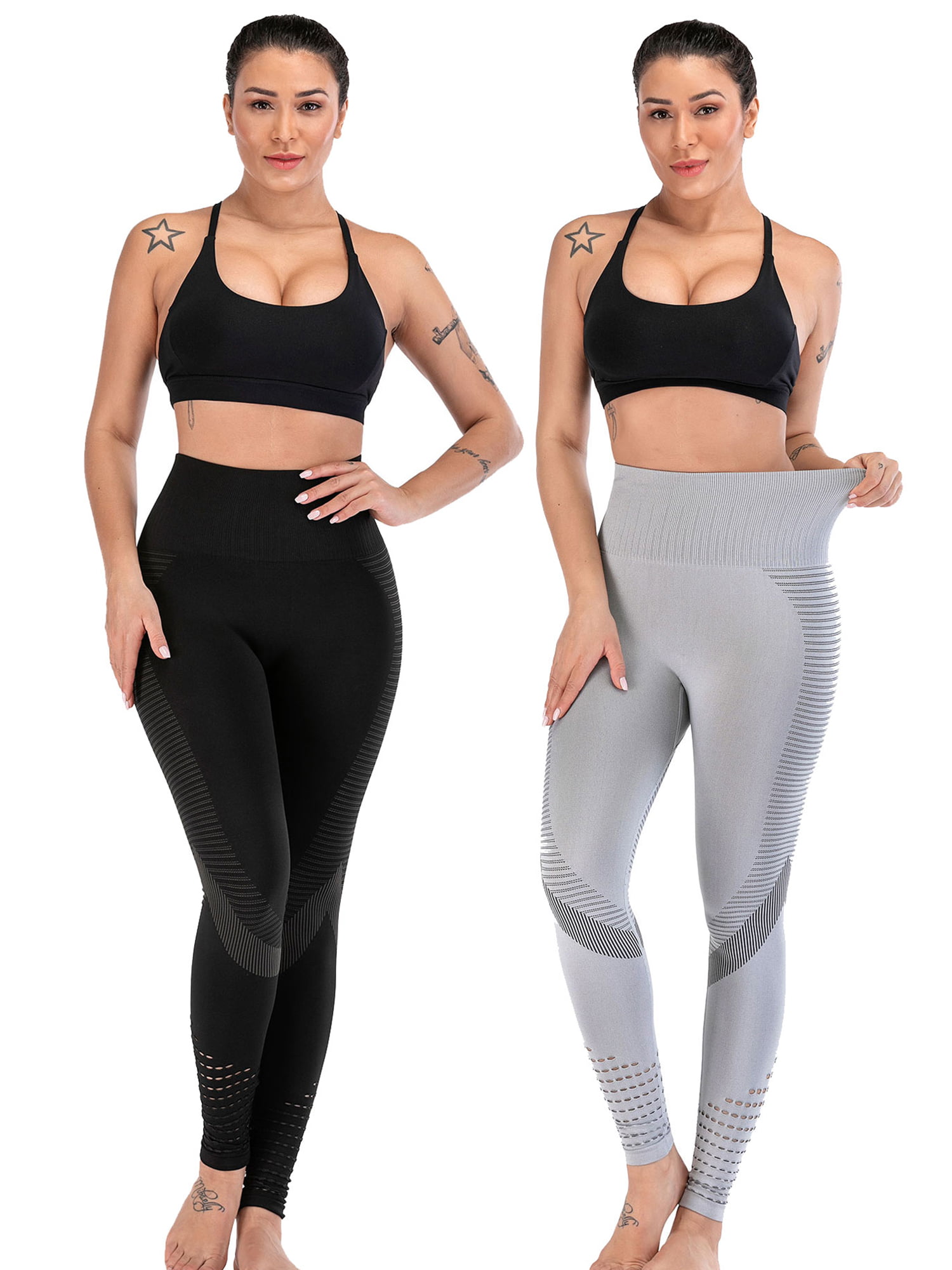 2 Pack of Yoga Pants for Women Activewear High Waist Basic Capri Leggings  Mesh Panels Sport Pants Black/Gray