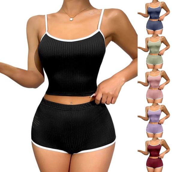 2 Pack ylioge 2X-4X Plus Size Short Pajama Sets for Women 2 Piece Trendy Solid Color Stretchy Slim Sleeveless Tank Tops and Shorts Homewear Pajamas Suits Set