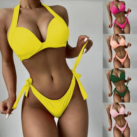 2 Pack ylioge Bikini Sets for Women Two Piece Swimsuits Ladies Trendy Swimwear Solid Color Tie Halterneck Tops High Waisted Thongs Bathing Suits