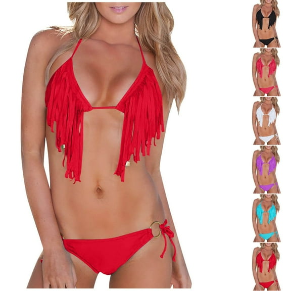 2 Pack ylioge Bikini Sets for Women Trendy 2 Piece Bathing Suits Push Up Swimwear Tops and Thongs Solid Tassels Beach Tankini Swimsuits