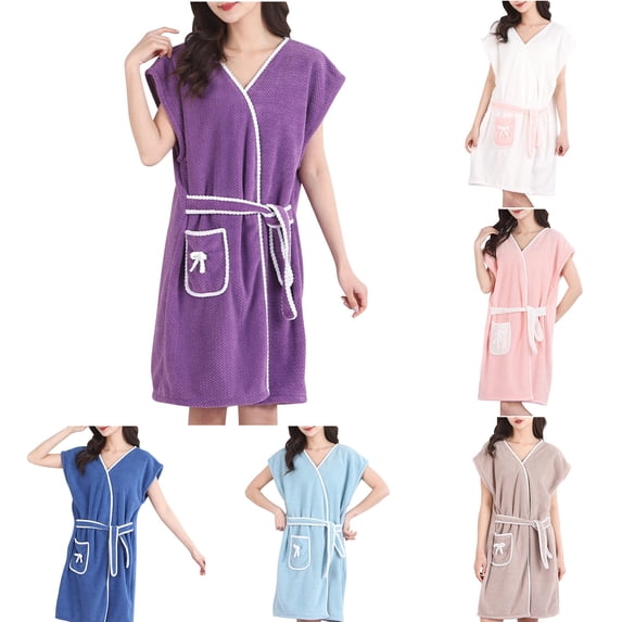 2 Pack ylioge Cap Sleeve Robes for Women with Pocket Fleece Tie Front Bathrobes Ladies Cute Color Block Mid Length Quick-Drying Loungewear Bath Robe Pajamas