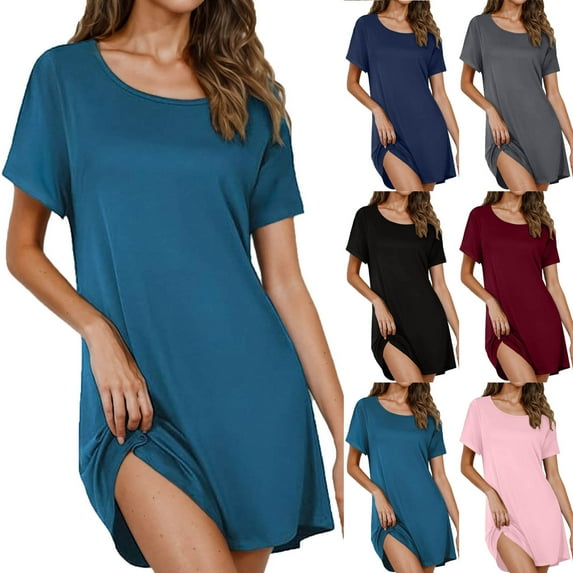 2 Pack ylioge Casual Nightgowns for Women Short Sleeve Crewneck Tshirts Dresses Ladies Solid Color Pullover Comfort Loungewear Sleepshirts